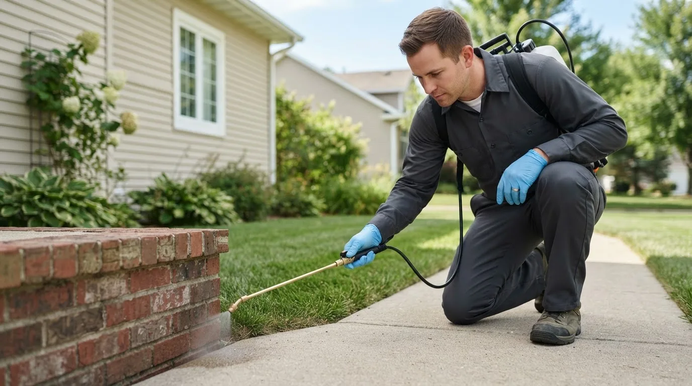 Pest control technician treating a home near Williston, ND